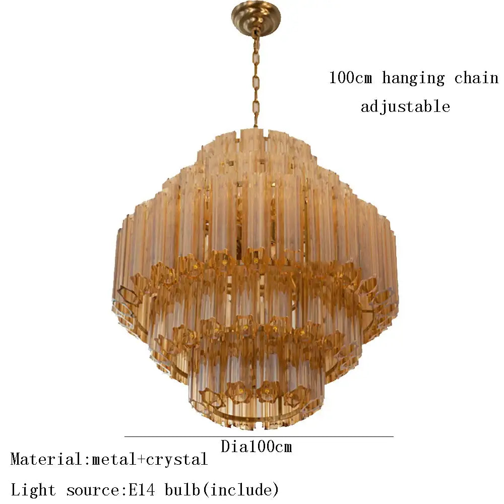 Golden decorbites amber glass ceiling chandelier with tiered crystal rods and metal framework for elegant lighting