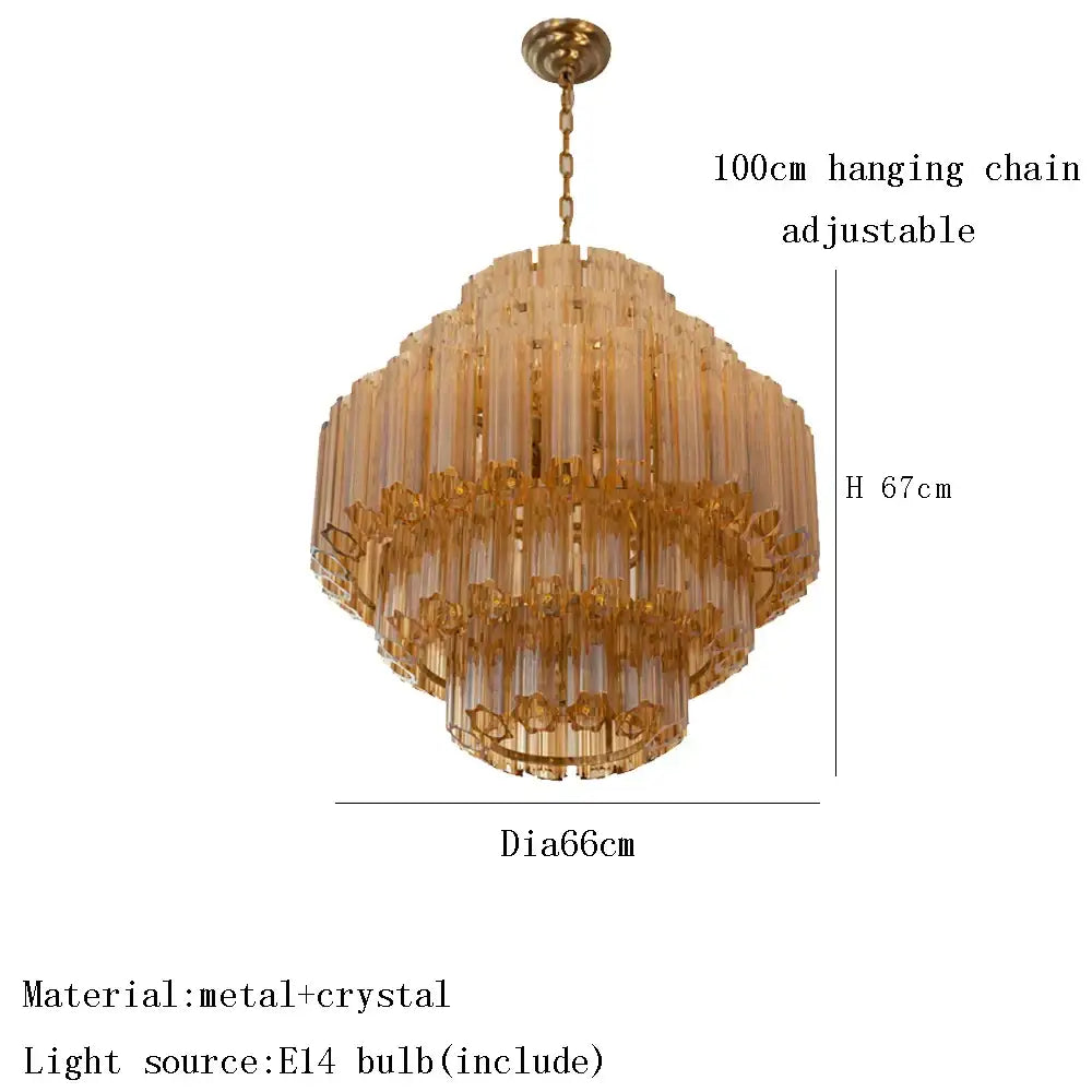 DecorBites amber glass ceiling chandelier with golden tiered design, cascading crystal rods, and brass metal frame