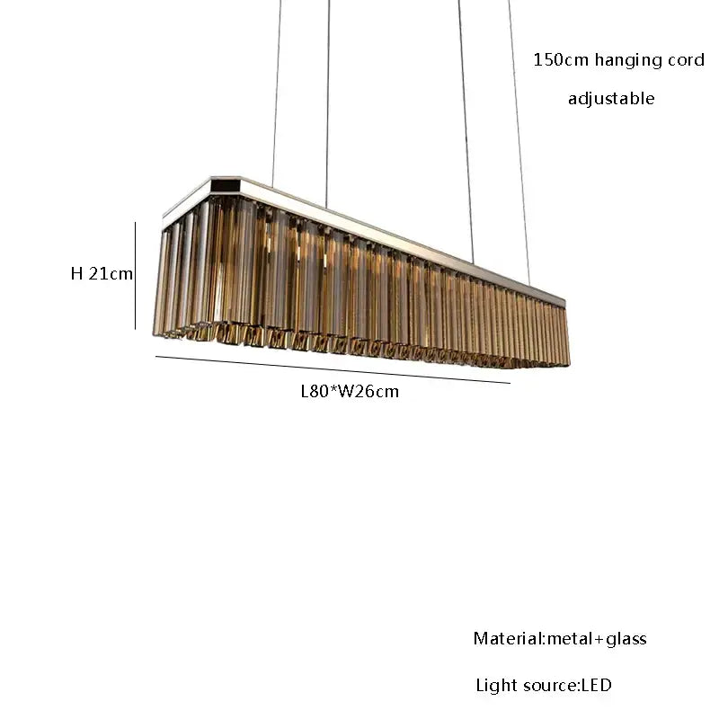 DecorBites™ amber glass ceiling chandelier with sleek metallic frame and LED-lit cascading amber glass tubes for dining table