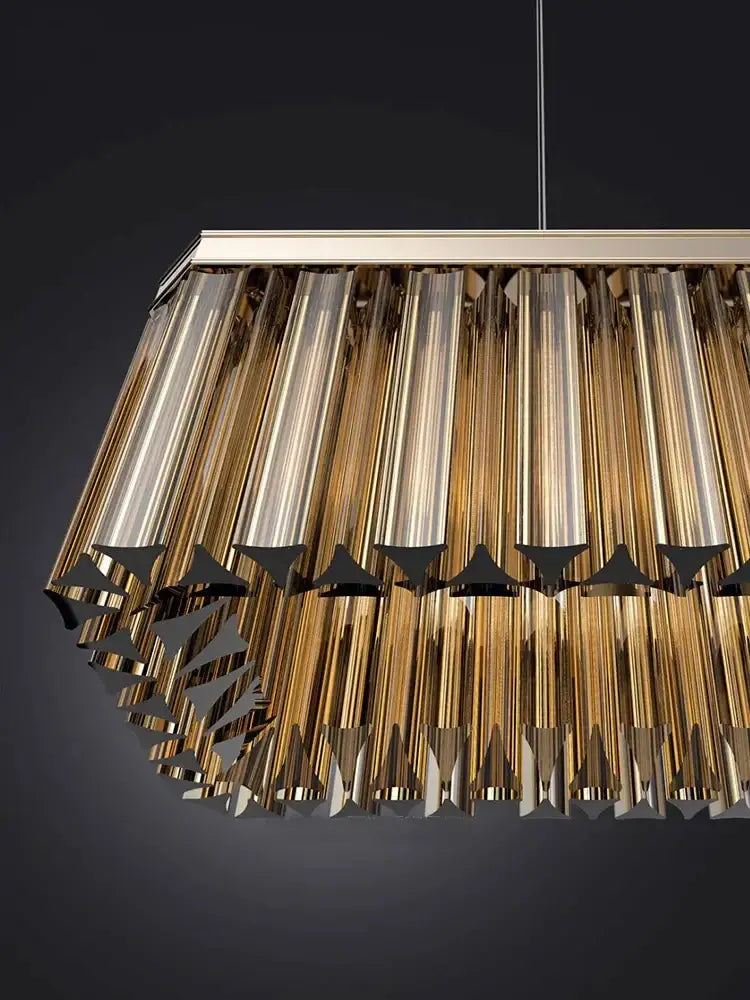 Decorbites amber glass ceiling chandelier with cascading glass tubes and metallic triangular accents for dining table