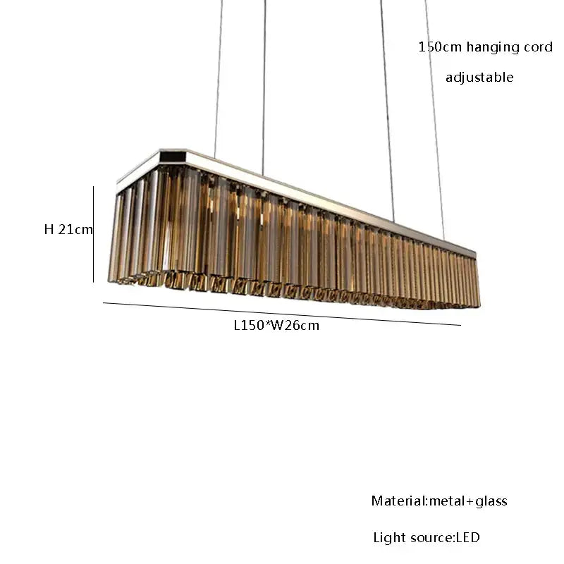 Modern DecorBites™ amber glass ceiling chandelier with sleek metallic frame and amber-tinted glass rods for dining table
