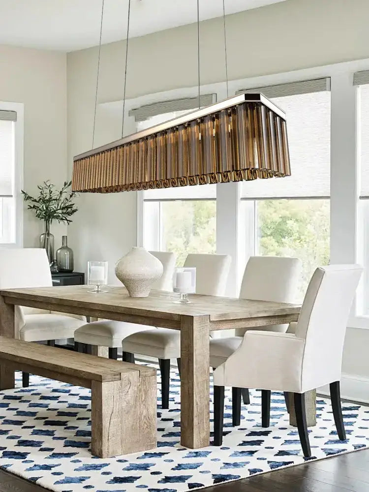 Decorbites™ amber glass ceiling chandelier with bronze-finished vertically slatted glass for dining table lighting