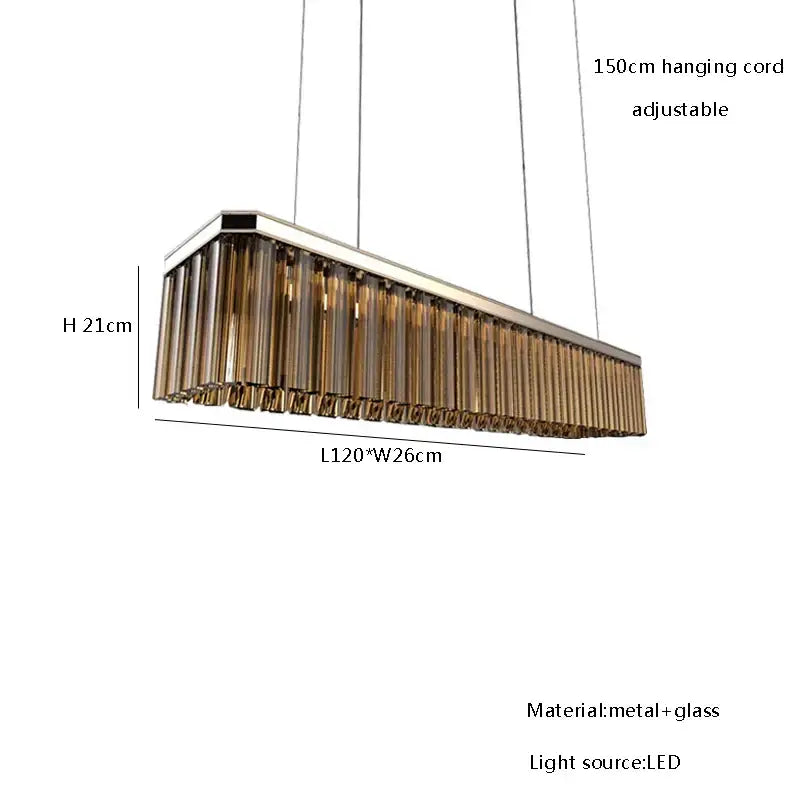 Modern rectangular decorbites™ amber glass ceiling chandelier with sleek metallic frame and vertical amber glass tubes