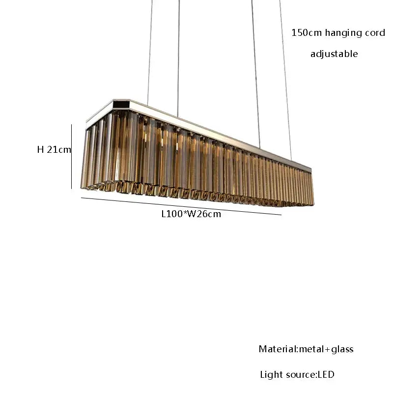 DecorBites™ amber glass ceiling chandelier with sleek metallic frame and vertical amber glass tubes for dining table
