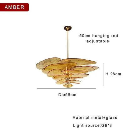 DecorBites amber glass ceiling chandelier with tiered amber discs and metallic rod for elegant living room decor
