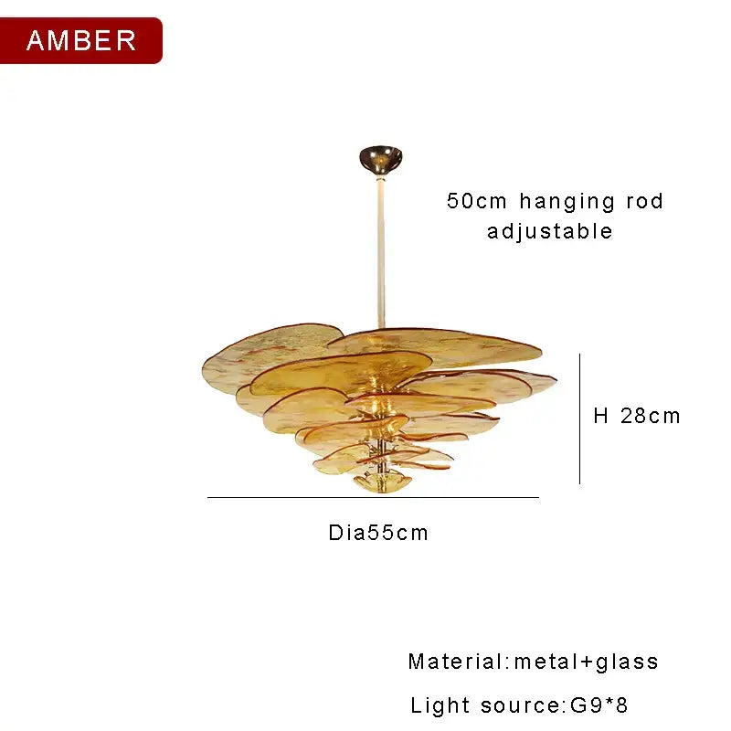 DecorBites amber glass ceiling chandelier with tiered amber discs and metallic rod for elegant living room decor