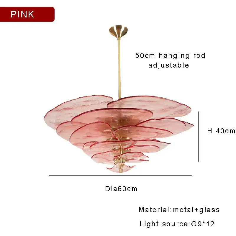 DecorBites amber glass ceiling chandelier featuring pink layered glass and brass finish rod for elegant living room decor