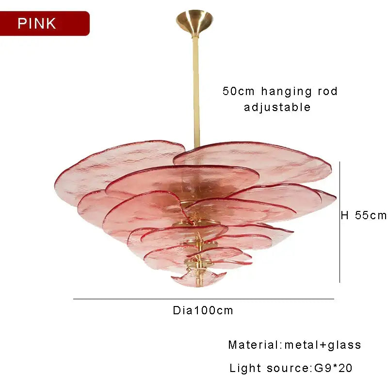 Pink layered glass ceiling chandelier with brass frame and adjustable rod for elegant living room decor by DecorBites