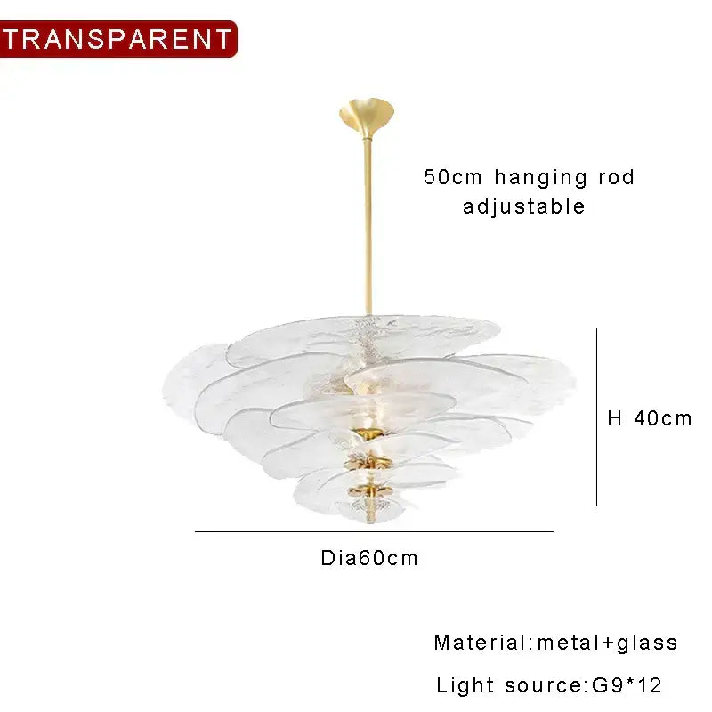 Transparent layered glass ceiling chandelier with amber glass and gold-toned metal for elegant living room decor