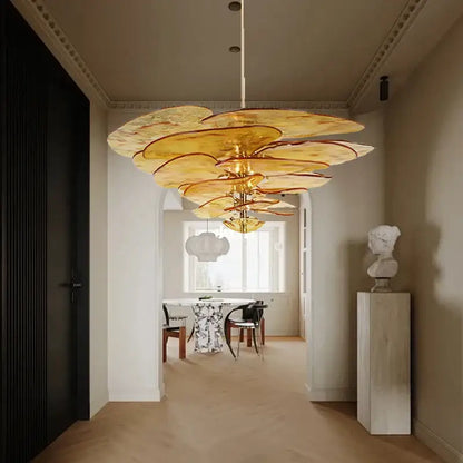 DecorBites amber glass ceiling chandelier with golden layered petal design for elegant living room decor