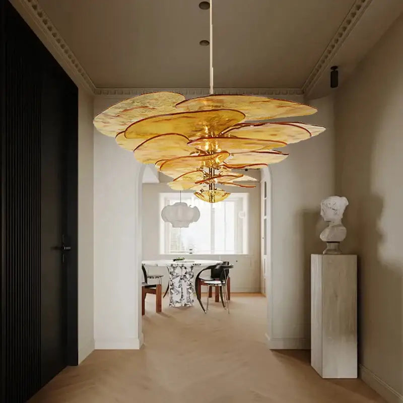 DecorBites amber glass ceiling chandelier with golden layered petal design for elegant living room decor