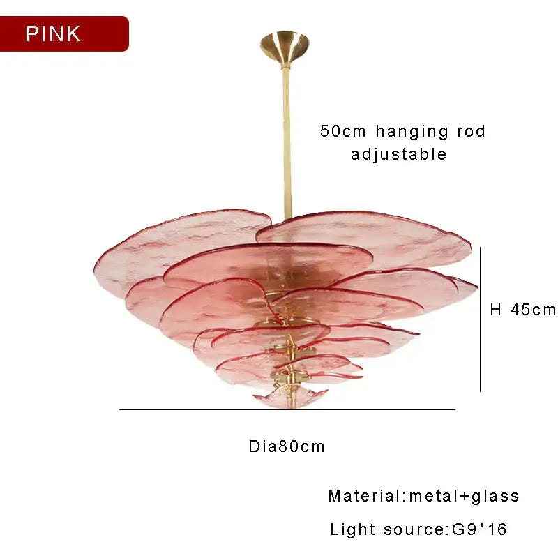 Pink layered glass ceiling chandelier with brass metal frame and adjustable rod for elegant living room decor
