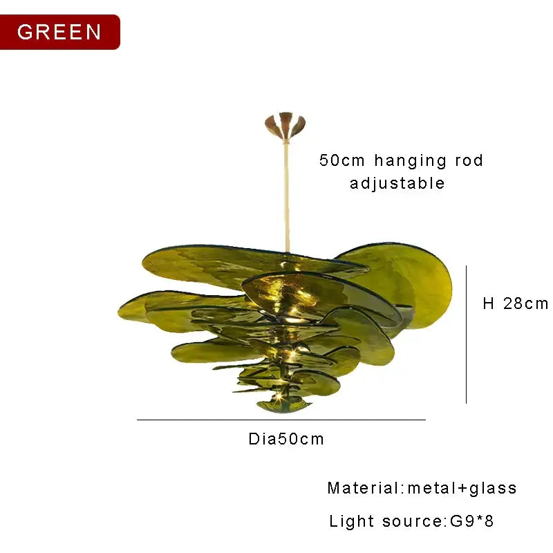 Decorbites amber glass ceiling chandelier with green leaf-shaped glass and metal pendant for elegant living room decor