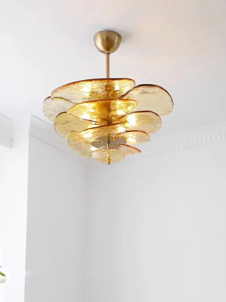 DecorBites amber glass ceiling chandelier with brass finish and layered petal shades for elegant living room decor