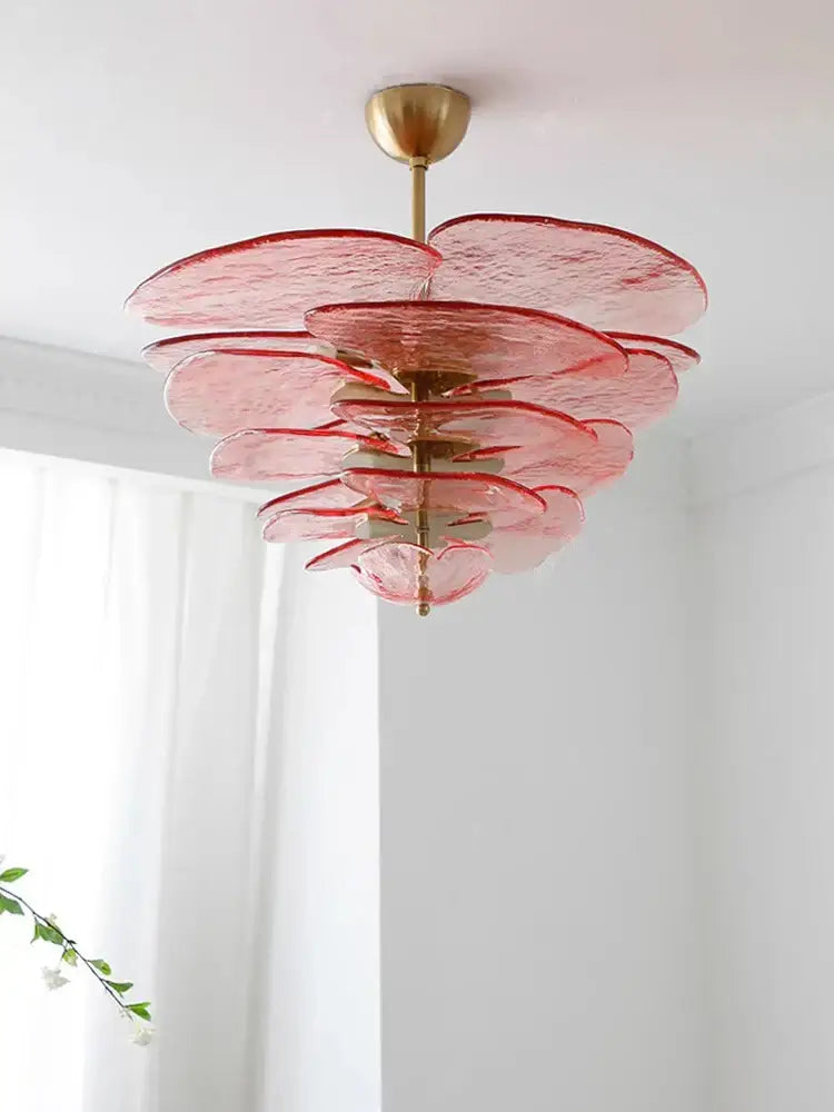 DecorBites™ amber glass ceiling chandelier with translucent pink glass petals and brass finish for elegant living room decor