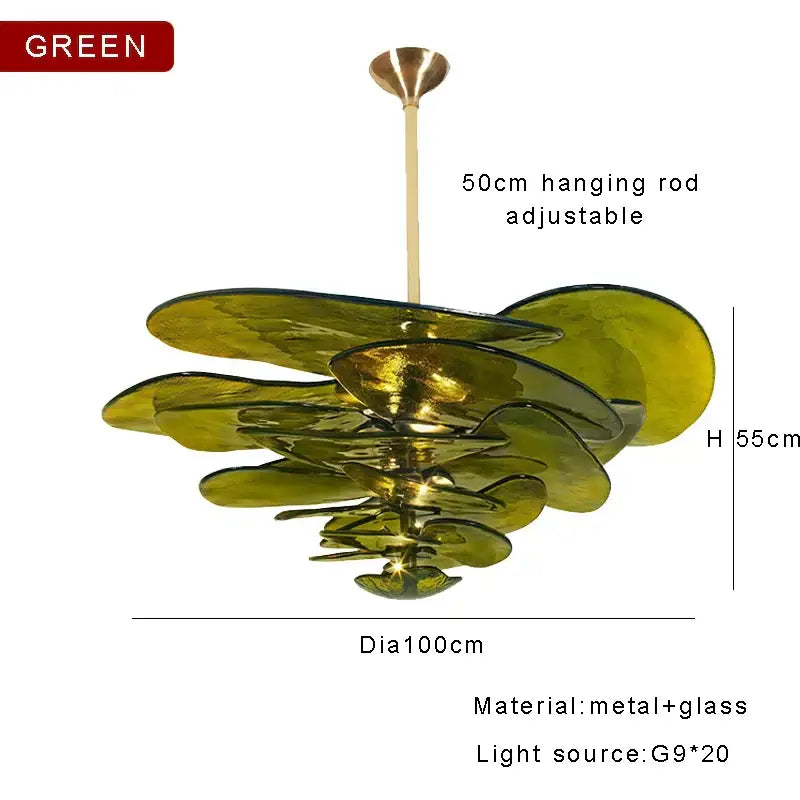 DecorBites amber glass ceiling chandelier with olive-green glass and metal petal shades for elegant living room decor