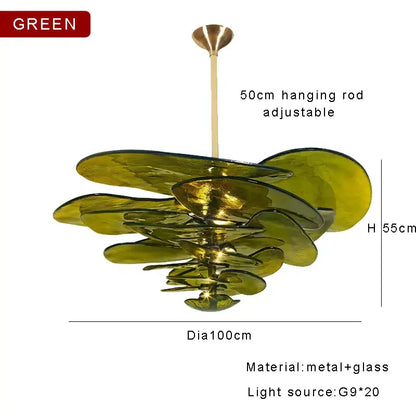 DecorBites amber glass ceiling chandelier with olive-green glass and metal petal shades for elegant living room decor