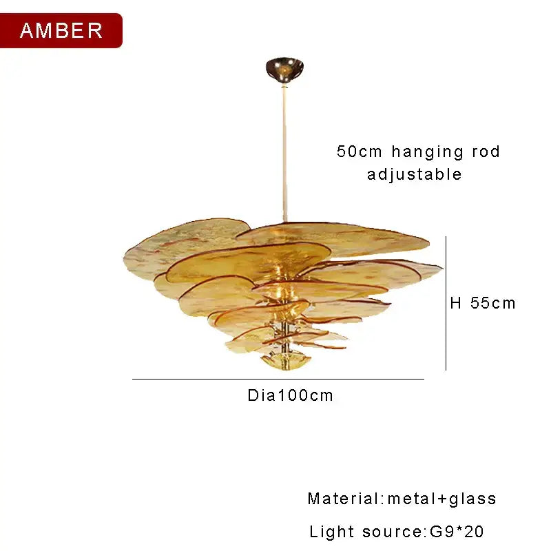 DecorBites™ amber glass ceiling chandelier features layered petal-like discs for elegant living room decor