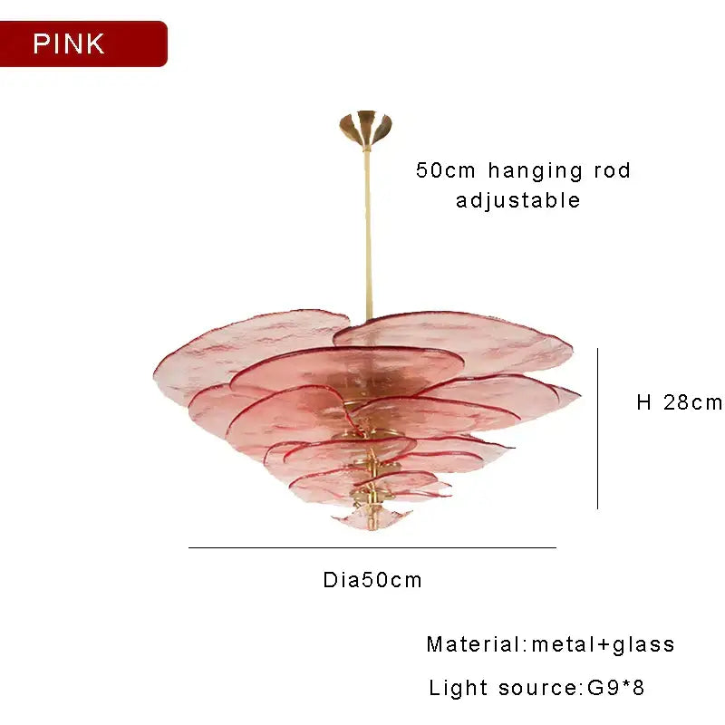 DecorBites amber glass ceiling chandelier with pink layered glass and brass metal rod for elegant living room decor