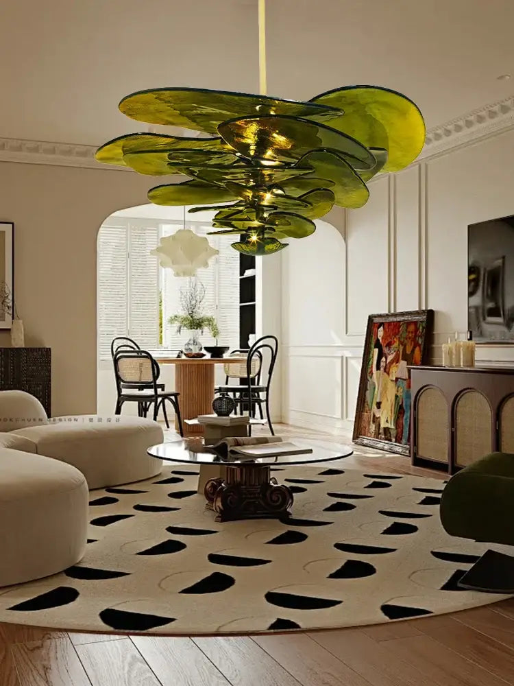 DecorBites™ green glass ceiling chandelier with layered petal-like shades for elegant living room decor