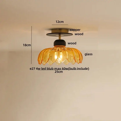 DecorBites amber glass ceiling pendant light with copper and wood base in petal shape for bedroom or bathroom use