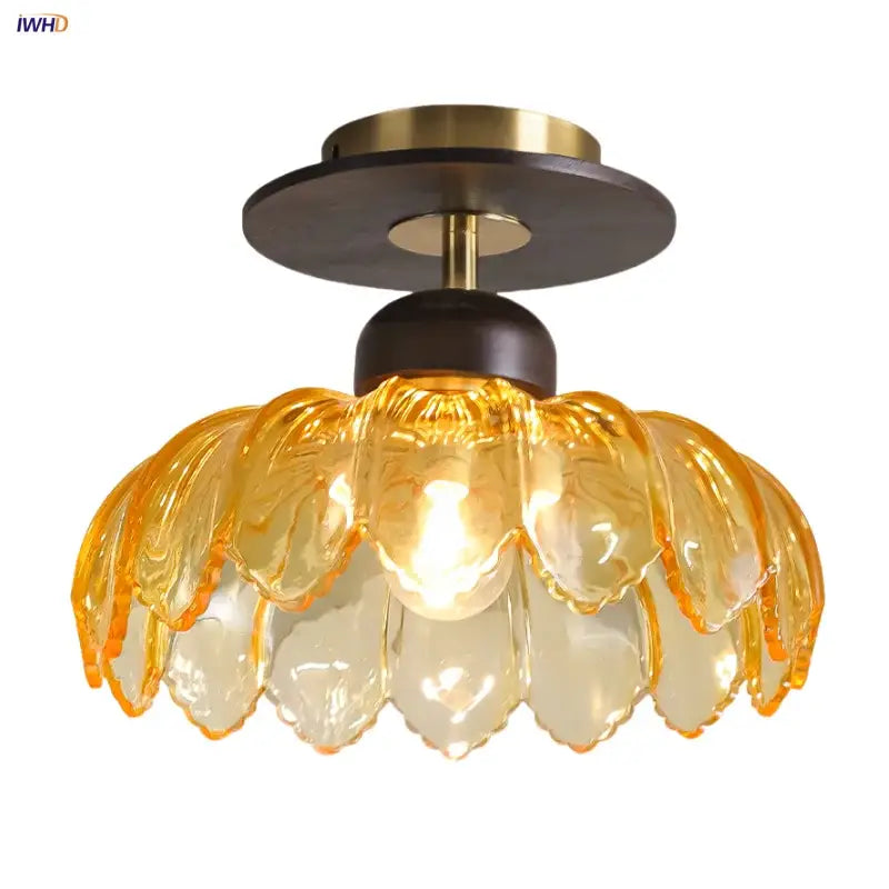 Decorbites amber glass ceiling lamp with golden amber glass petals and brass-finished mount for bedroom lighting