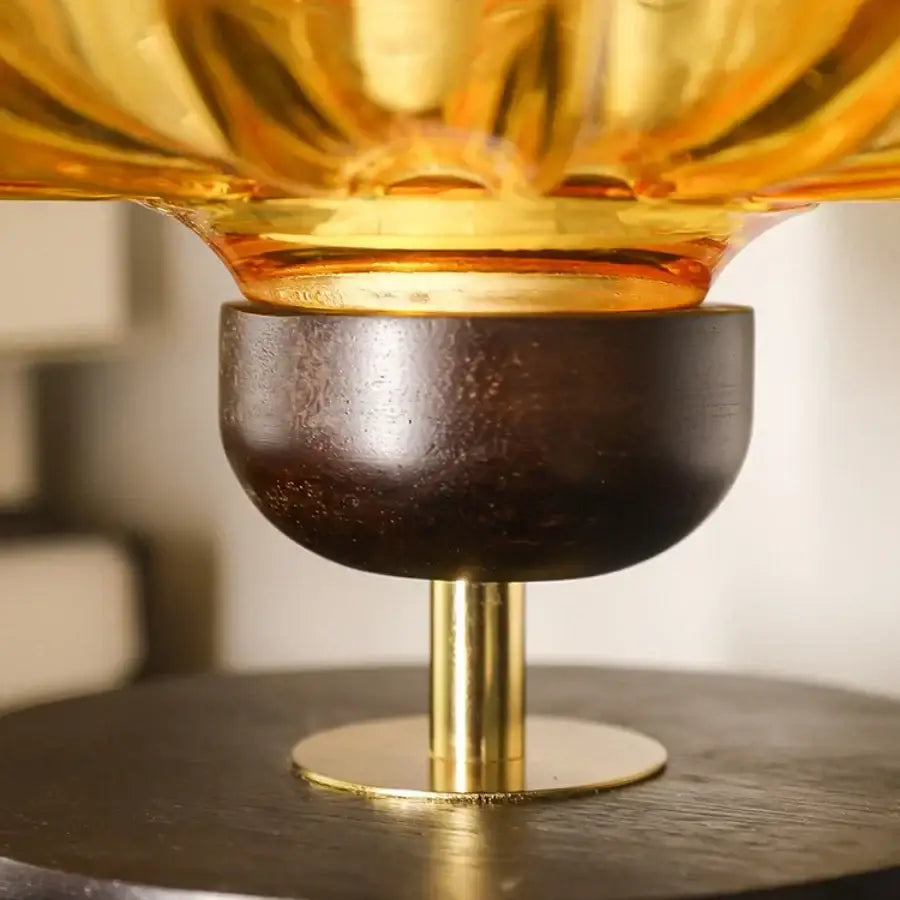 Decorbites amber glass ceiling lamp with fluted amber glass bowl on dark wood base and brass stem for modern rooms