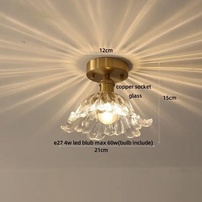 Decorbites amber glass ceiling lamp with delicate flower-shaped clear glass and brass copper socket with e27 led bulb