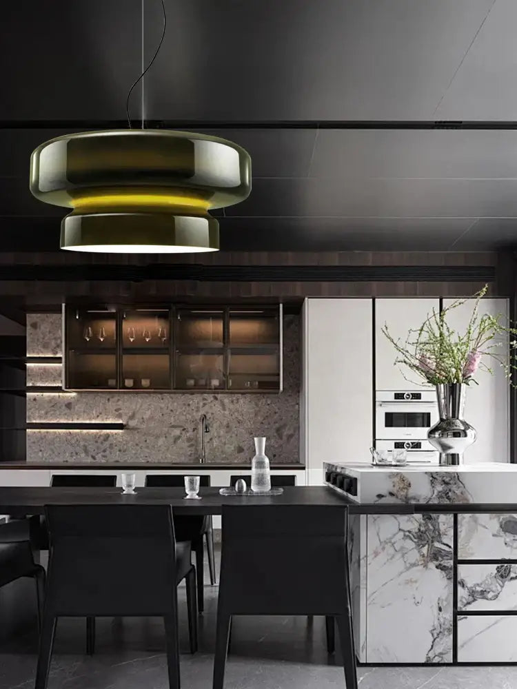 DecorBites amber glass ceiling pendant light with sleek translucent olive-green glass and metallic accents for kitchen island
