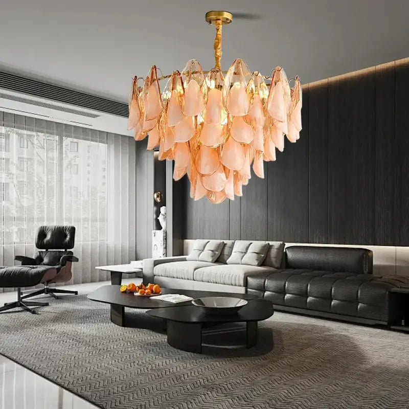 DecorBites amber glass chandelier with golden frame and peach glass petals dimmable luxury light fixture for living room hall