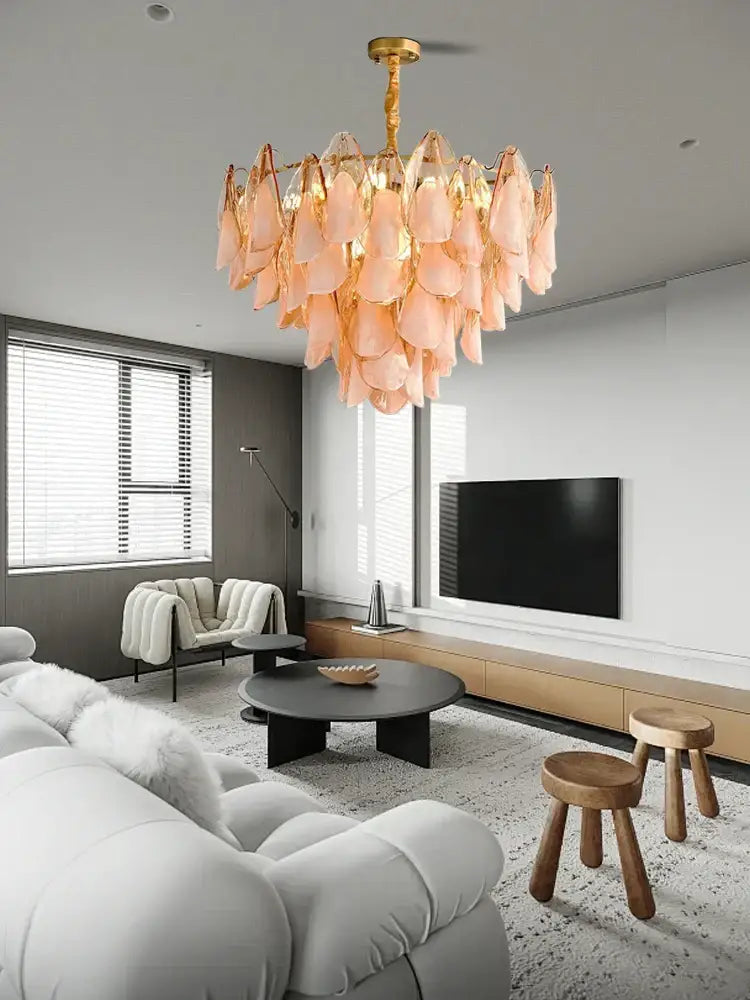 DecorBites™ amber glass chandelier with peach-colored layered petal shades and golden finish for living room lighting