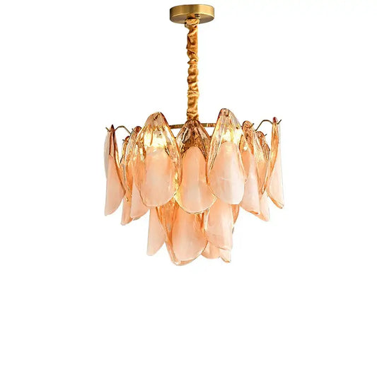 DecorBites™ amber glass chandelier with peach-colored translucent leaf shades and gold-toned chain for living room hall