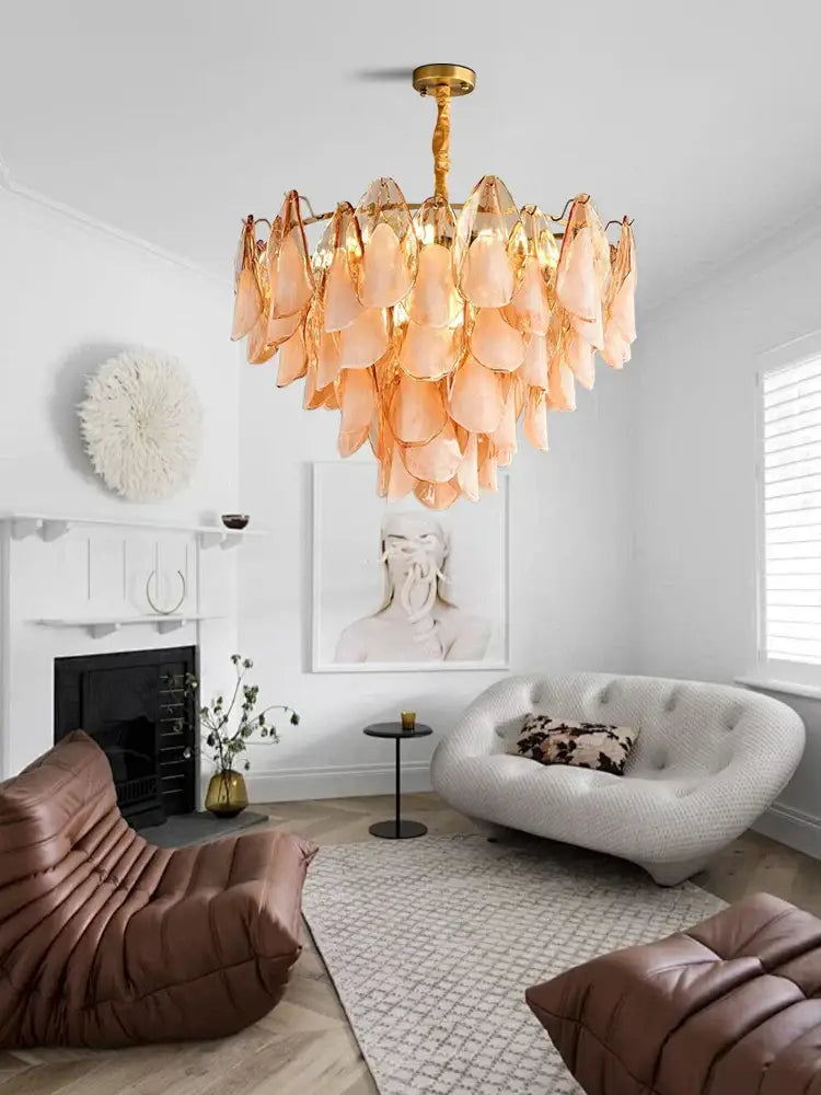 DecorBites™ amber glass chandelier with peach-colored leaf-shaped glass and gold metal frame for living room hall