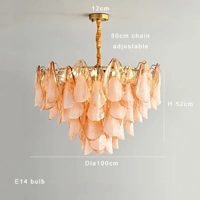 DecorBites™ amber glass chandelier with peach-colored glass, gold frame, and leaf-shaped shades for living rooms