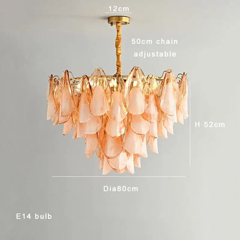 Decorbites amber glass chandelier featuring delicate rose gold frame and cascading translucent peach glass petals