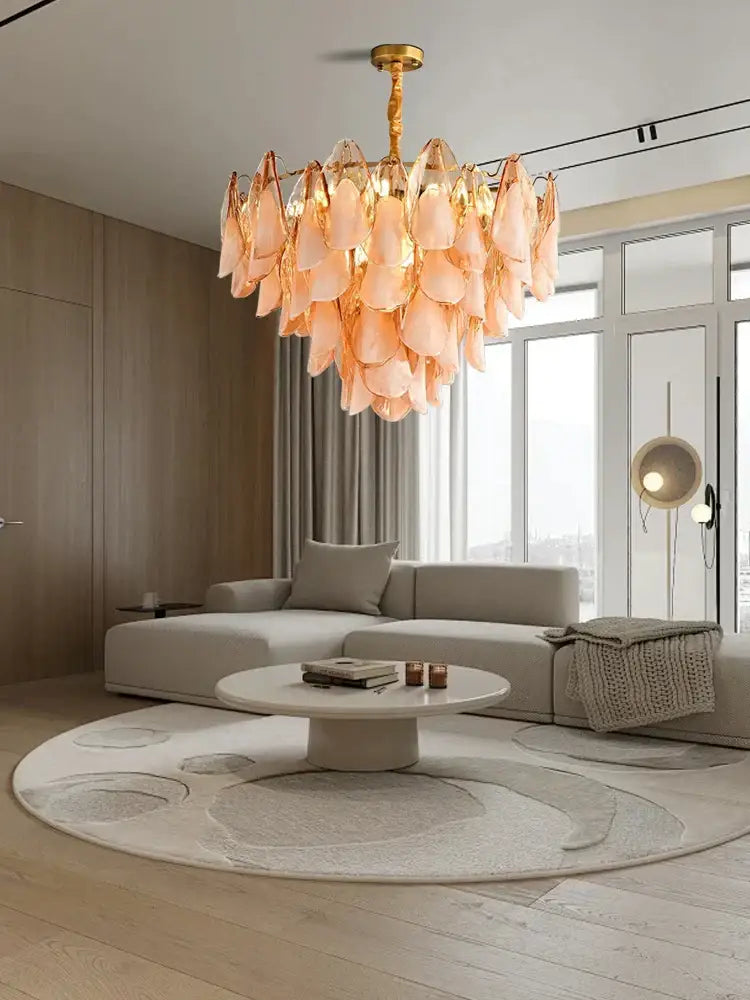 DecorBites amber glass chandelier with golden frame and cascading peach glass petals for living room hall lighting