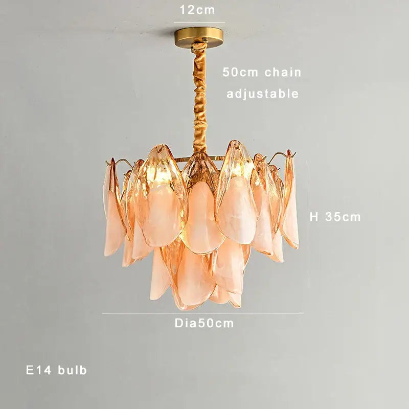 Decorbites™ amber glass chandelier with delicate peach-colored glass and gold-toned twisted chain for living room lighting