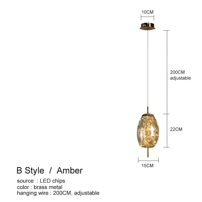 Decorbites amber glass chandelier with amber oval pendant light and brass finish featuring embedded led chips
