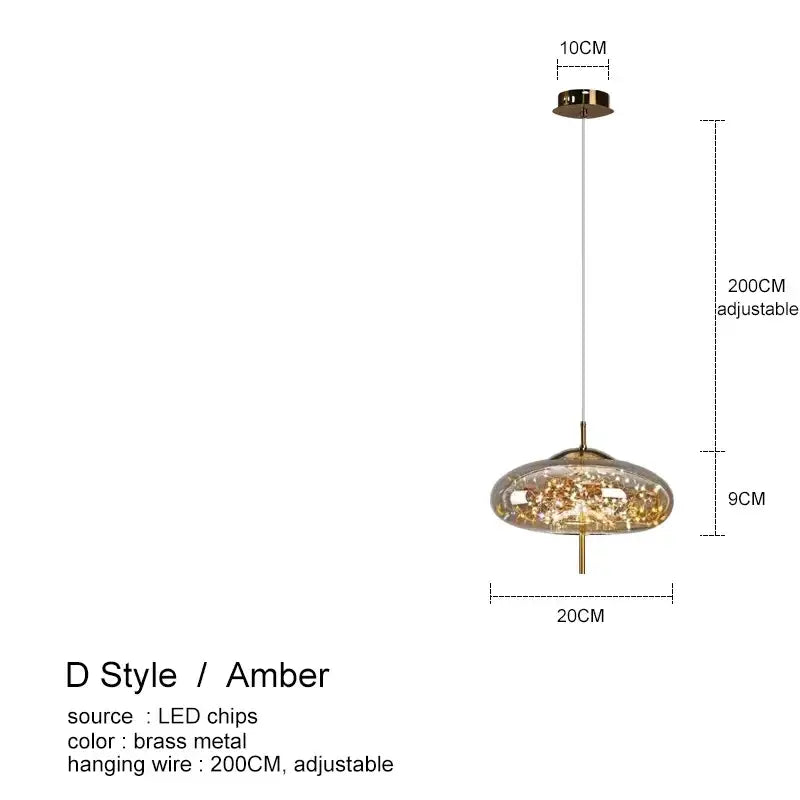 Amber glass chandelier with brass accents and adjustable 200cm wire for bedroom dining room kitchen and restaurant decor