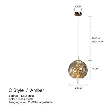 Amber glass chandelier with spherical pendant light, brass accents, and adjustable 200cm hanging wire for luxury decor