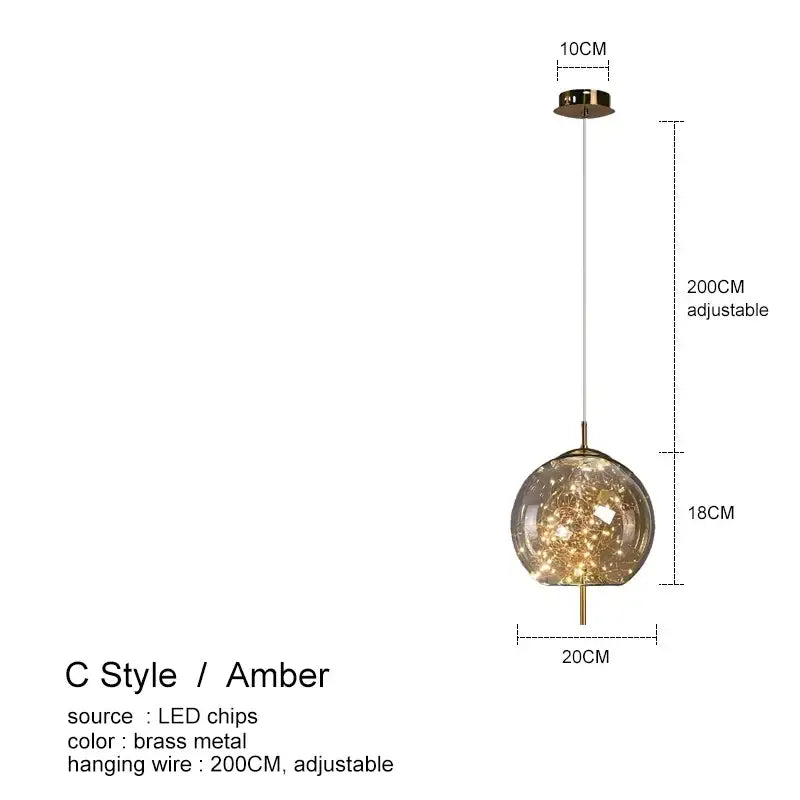Amber glass chandelier with spherical pendant light, brass accents, and adjustable 200cm hanging wire for luxury decor