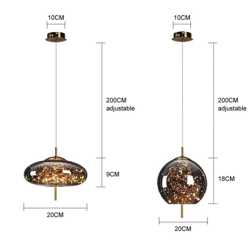 Modern amber glass chandelier with gold-toned metal accents and embedded fairy lights for luxury lighting decor