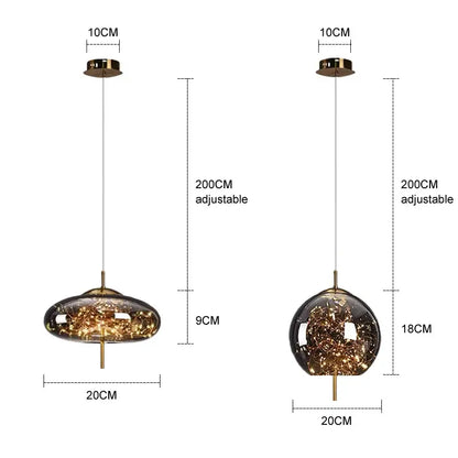 Decorbites™ amber glass chandelier featuring modern amber glass pendant lights with gold-toned metal accents and fairy lights