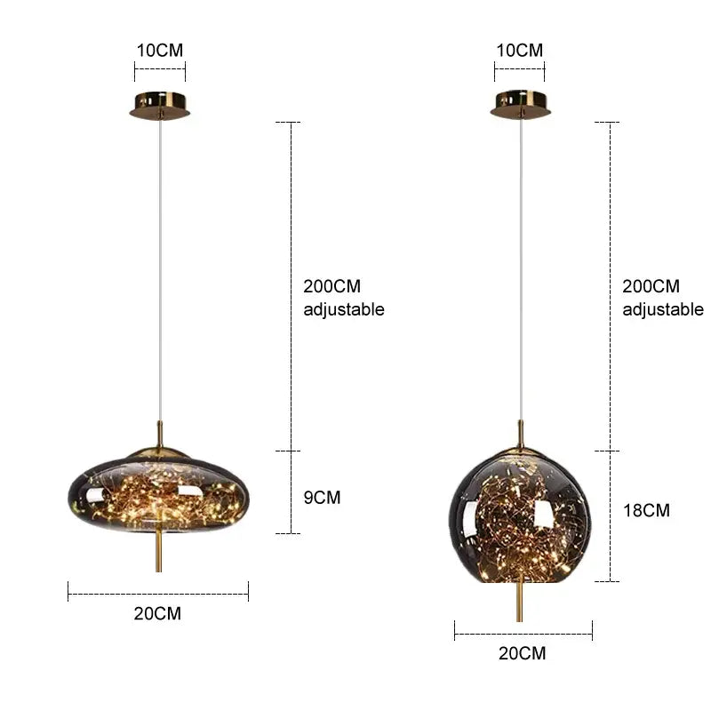 Decorbites™ amber glass chandelier featuring modern amber glass pendant lights with gold-toned metal accents and fairy lights
