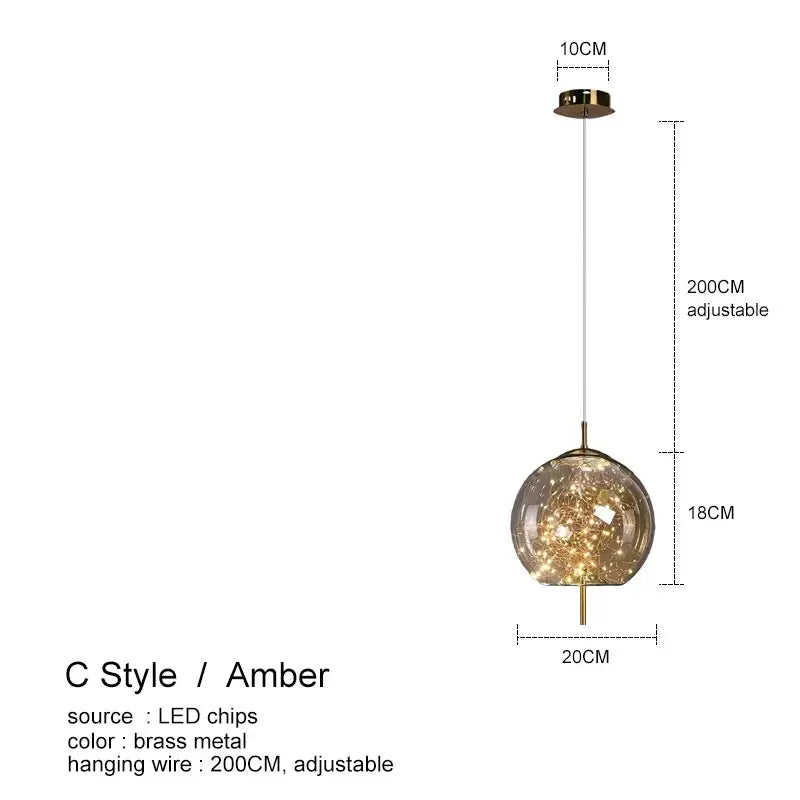 Amber glass chandelier with spherical amber glass and brass frame featuring led chips for luxury pendant lighting