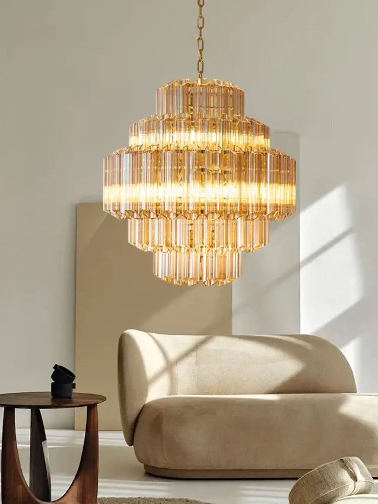 Decorbites amber glass chandelier with golden tiered design crystal glass rods and brass chain for living and dining room