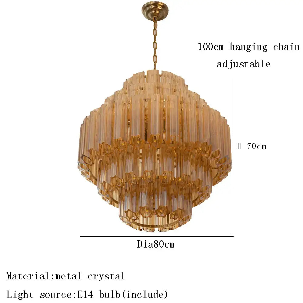 Decorbites amber glass chandelier featuring a golden tiered design with cascading crystal rods and brass finish for modern luxury
