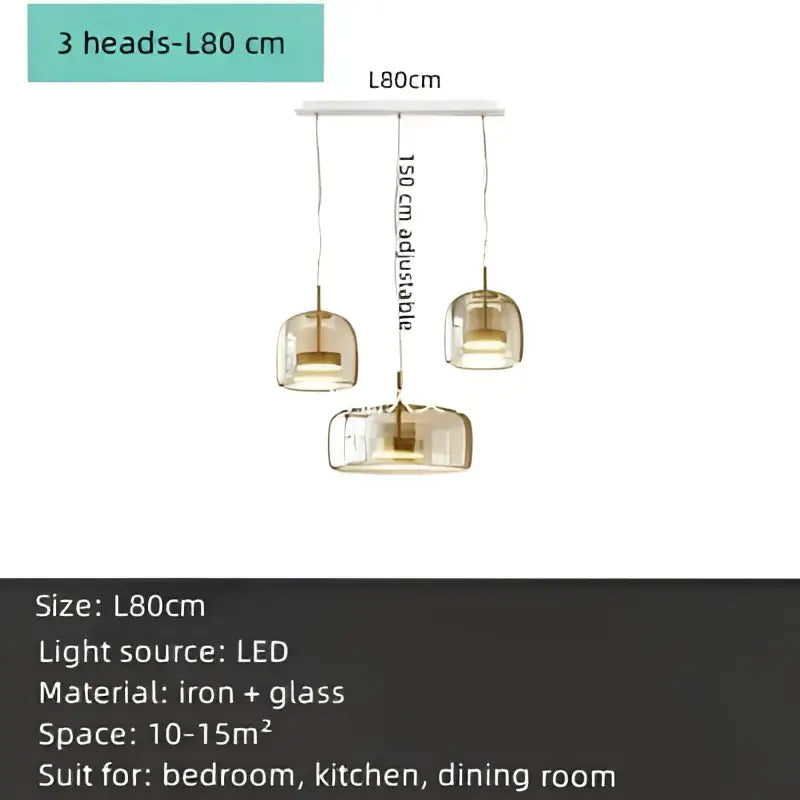 Modern three-head amber glass chandelier pendant light with iron frame for contemporary dining and kitchen spaces