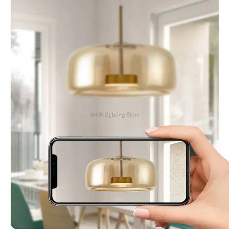Decorbites™ amber glass chandelier pendant light with gold-toned glass and brass accents for living room and kitchen