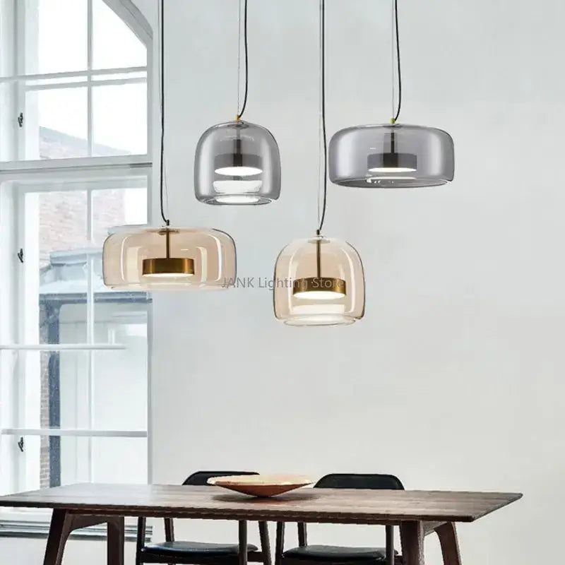Decorbites amber glass chandelier pendant light with frosted and clear glass shades and metallic gold and silver accents